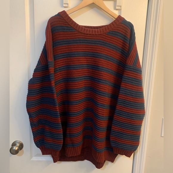 Free People Links Red Navy Blue Chunky Striped Knit Oversized Pullover Sweater - Picture 2 of 2